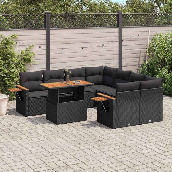 9 részes fekete polyrattan kerti ülőgarnitúra párnákkal