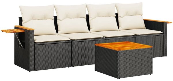 5 részes fekete polyrattan kerti kanapészett párnákkal