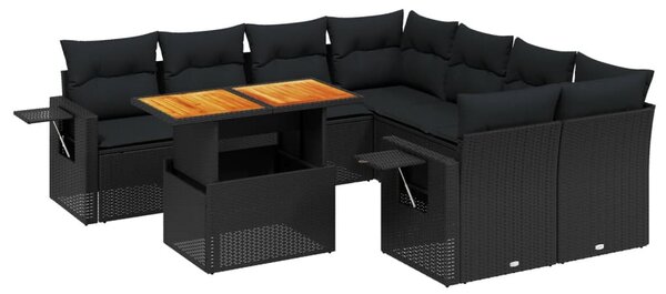 9 részes fekete polyrattan kerti ülőgarnitúra párnákkal