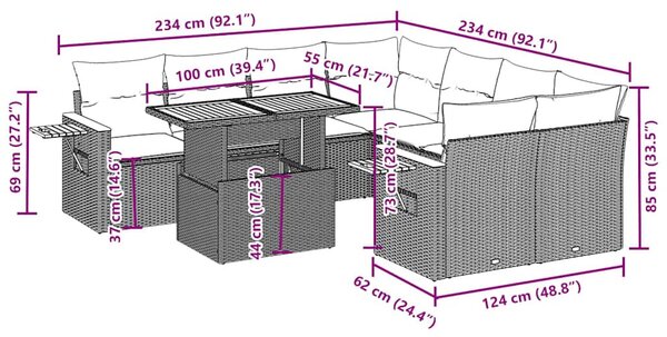 9 részes fekete polyrattan kerti ülőgarnitúra párnákkal