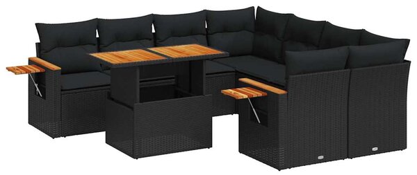 9 részes fekete polyrattan kerti ülőgarnitúra párnákkal