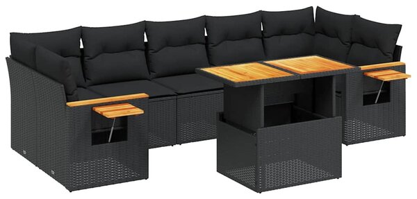 8 részes fekete polyrattan kerti ülőgarnitúra párnákkal