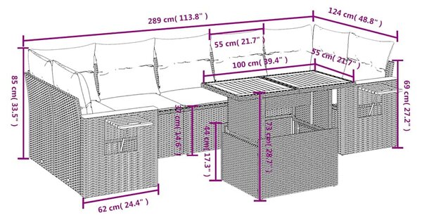 8 részes fekete polyrattan kerti ülőgarnitúra párnákkal