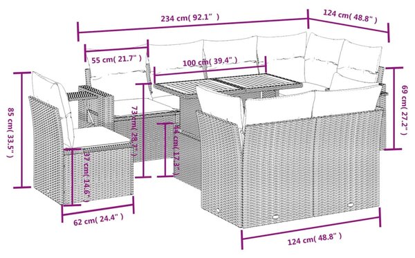 9 részes fekete polyrattan kerti ülőgarnitúra párnákkal