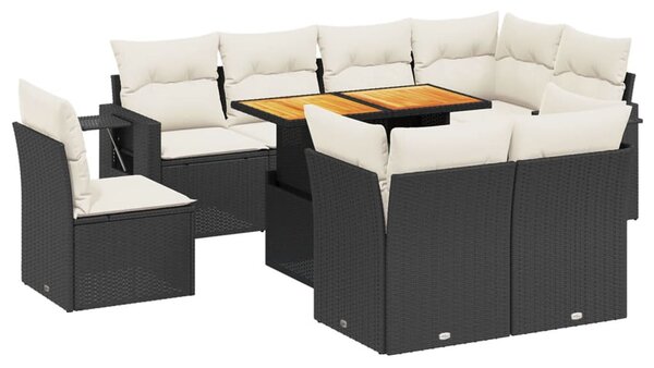 9 részes fekete polyrattan kerti ülőgarnitúra párnákkal