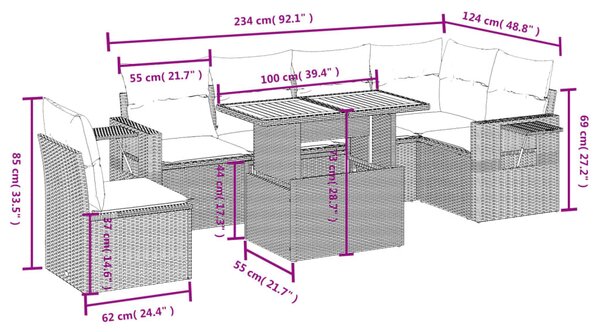 7 részes fekete polyrattan kerti ülőgarnitúra párnával