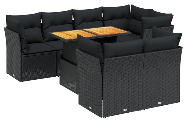 8 részes fekete polyrattan kerti ülőgarnitúra párnákkal