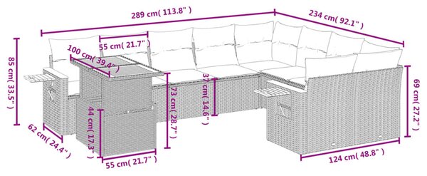 10 részes fekete polyrattan kerti ülőgarnitúra párnákkal