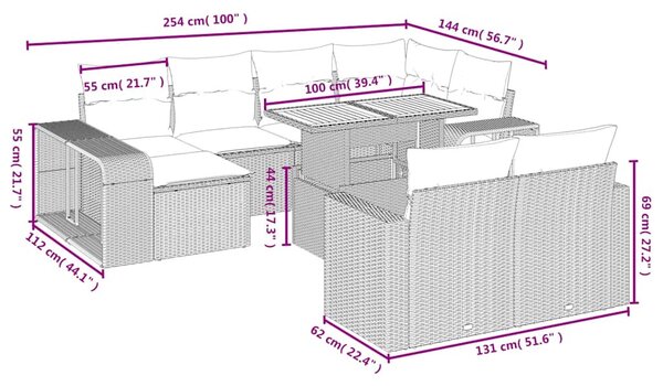 11 részes fekete polyrattan kerti ülőgarnitúra párnákkal
