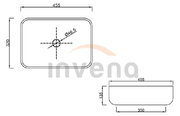 Invena Vitoria, kerámia asztali mosogató 455x320x135 mm, fehér fényes, INV-CE-48-001-W