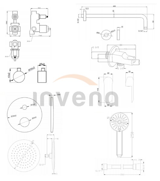 Invena Siros, rejtett zuhanygarnitúra 2 kivezetéses testtel, fekete matt, INV-BS-90-013-A