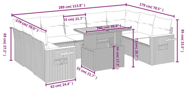 10 részes fekete polyrattan kerti ülőgarnitúra párnákkal