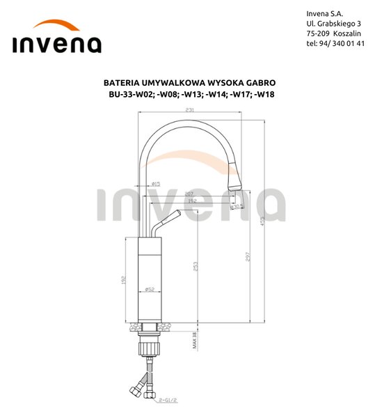 Invena Gabro, magas mosdócsaptelep, fehér-arany, INV-BU-33-W13-V