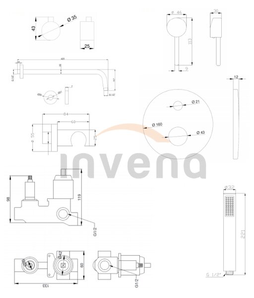 Invena Dafni, rejtett zuhanygarnitúra esőzuhanyfejjel 25 cm, fényes króm, INV-BS-88-0O2-A
