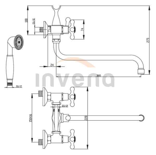 Invena Roma, kád csaptelep meghosszabbított kifolyóval 300mm kézizuhany készlettel, króm, INV-BW-24-00S-L