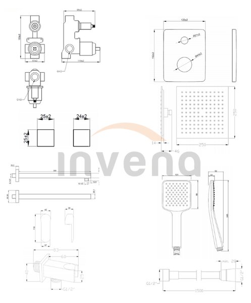 Invena Siros, rejtett zuhanygarnitúra esőzuhany fejjel 25x25 cm és manuális fejjel, fekete matt, INV-BS-90-011-A