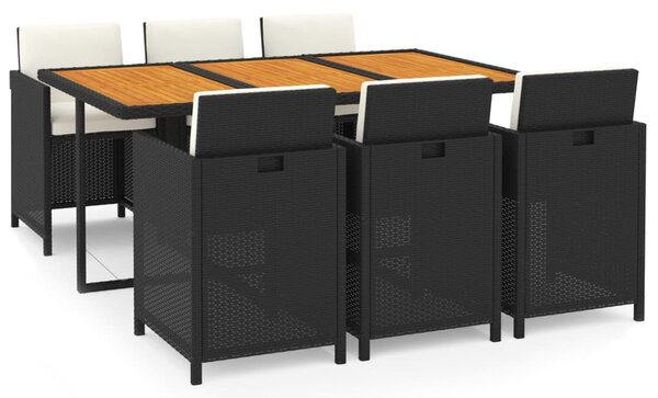 7 részes fekete polyrattan kerti étkezőgarnitúra párnákkal
