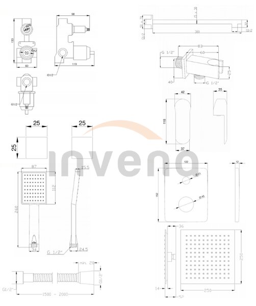 Invena Siros, rejtett zuhanygarnitúra esőzuhany fejjel 25x25 cm és kézi fejjel, króm, INV-BS-90-0K2-A