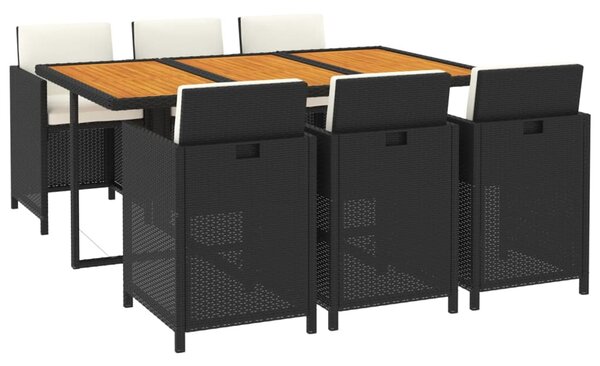 7 részes fekete polyrattan kerti étkezőgarnitúra párnákkal