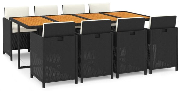 9 részes fekete polyrattan kerti étkezőgarnitúra párnákkal