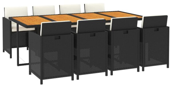 9 részes fekete polyrattan kerti étkezőgarnitúra párnákkal
