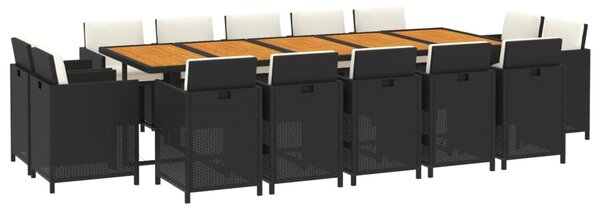 15 részes fekete polyrattan kerti étkezőgarnitúra párnákkal