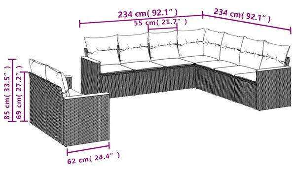 9 részes bézs polyrattan kerti ülőgarnitúra párnákkal