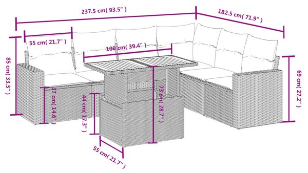 7 részes fekete polyrattan kerti ülőgarnitúra párnával