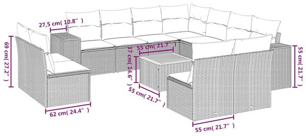 12 részes fekete polyrattan kerti ülőgarnitúra párnákkal