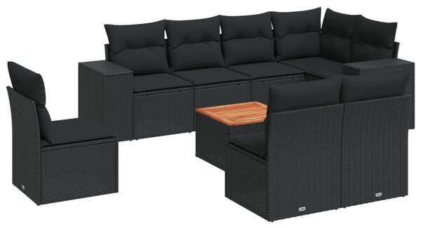 9 részes fekete polyrattan kerti ülőgarnitúra párnákkal