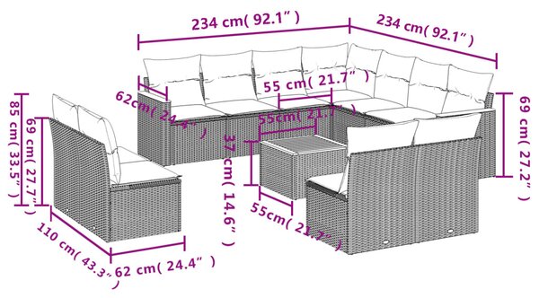 12 részes bézs polyrattan kerti ülőgarnitúra párnákkal