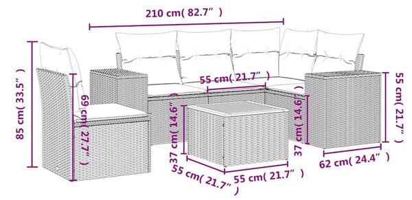 6 részes fekete polyrattan kerti ülőgarnitúra párnákkal