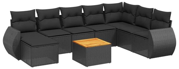 9 részes fekete polyrattan kerti ülőgarnitúra párnákkal