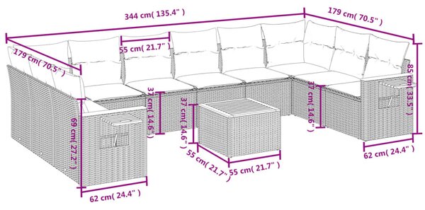 11 részes fekete polyrattan kerti ülőgarnitúra párnákkal