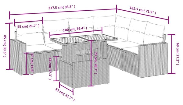 7 részes fekete polyrattan kerti ülőgarnitúra párnával