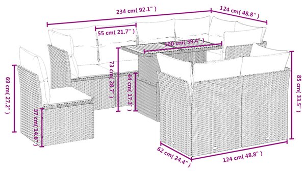 9 részes fekete polyrattan kerti ülőgarnitúra párnákkal