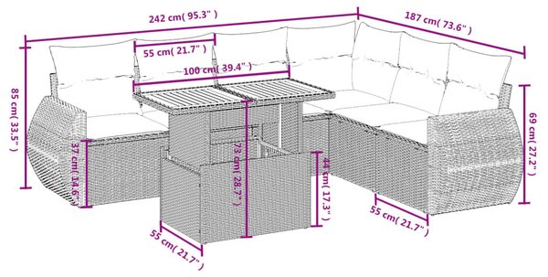 7 részes fekete polyrattan kerti ülőgarnitúra párnával