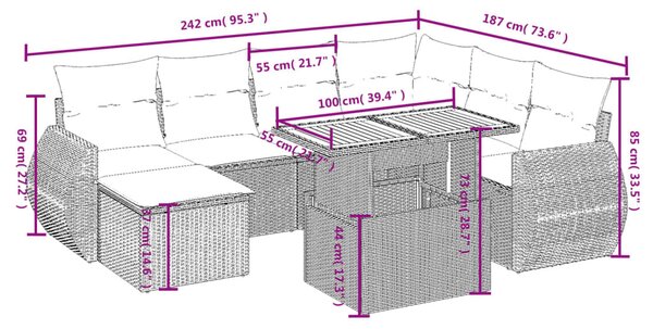 8 részes fekete polyrattan kerti ülőgarnitúra párnákkal