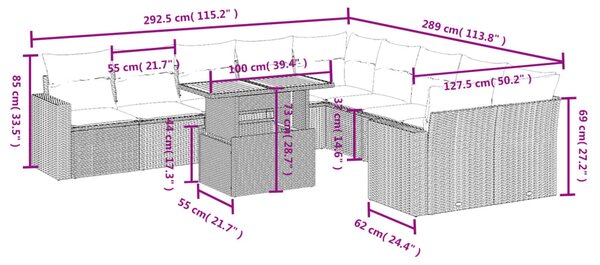 11 részes fekete polyrattan kerti ülőgarnitúra párnákkal