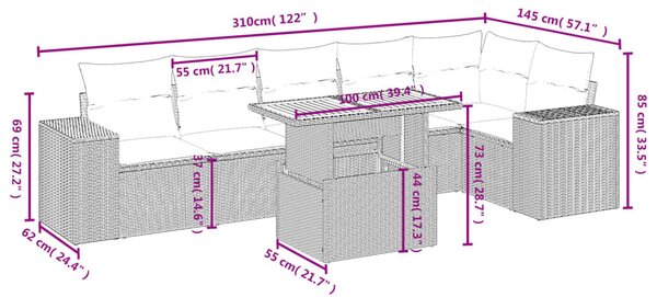 7 részes fekete polyrattan kerti ülőgarnitúra párnával