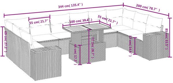 11 részes fekete polyrattan kerti ülőgarnitúra párnákkal