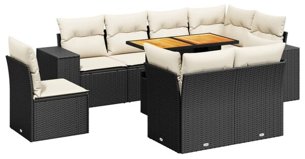 9 részes fekete polyrattan kerti ülőgarnitúra párnákkal