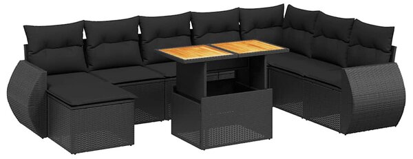 9 részes fekete polyrattan kerti ülőgarnitúra párnákkal