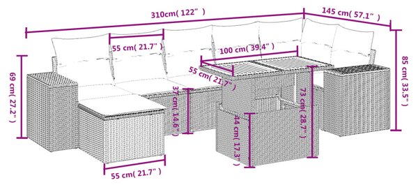 8 részes fekete polyrattan kerti ülőgarnitúra párnákkal