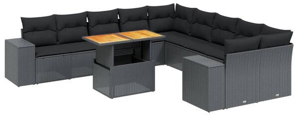 11 részes fekete polyrattan kerti ülőgarnitúra párnákkal