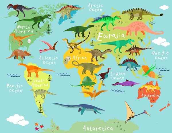 Fotótapéta Dinoszauruszok térképe fehér szöveggel, Dinoszauruszos fotótapéta, Népszerű fotótapéta, u50382 - Tapeko.hu