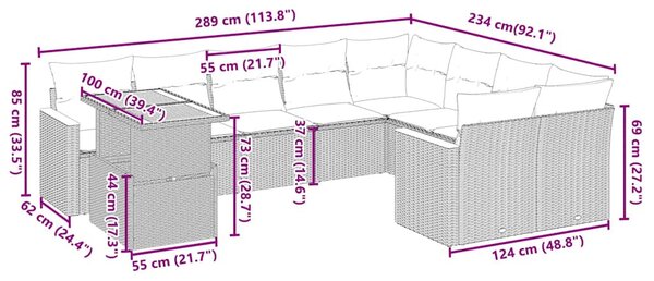 10 részes fekete polyrattan kerti ülőgarnitúra párnákkal