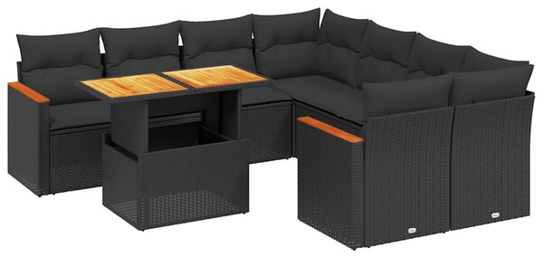 9 részes fekete polyrattan kerti ülőgarnitúra párnákkal
