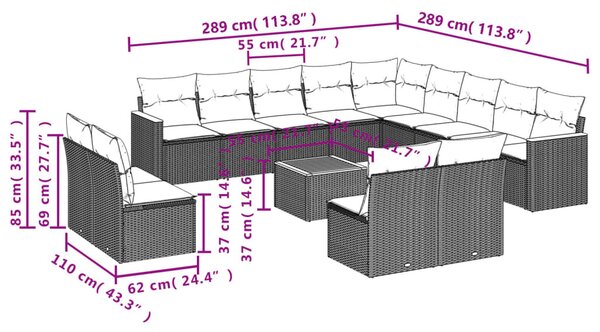 14 részes fekete polyrattan kerti ülőgarnitúra párnákkal