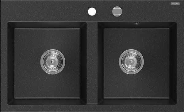 Mexen Hektor, 2 kamrás gránit mosogató 800x480x205 mm, fekete-ezüst metál, króm szifon, 6521802000-73